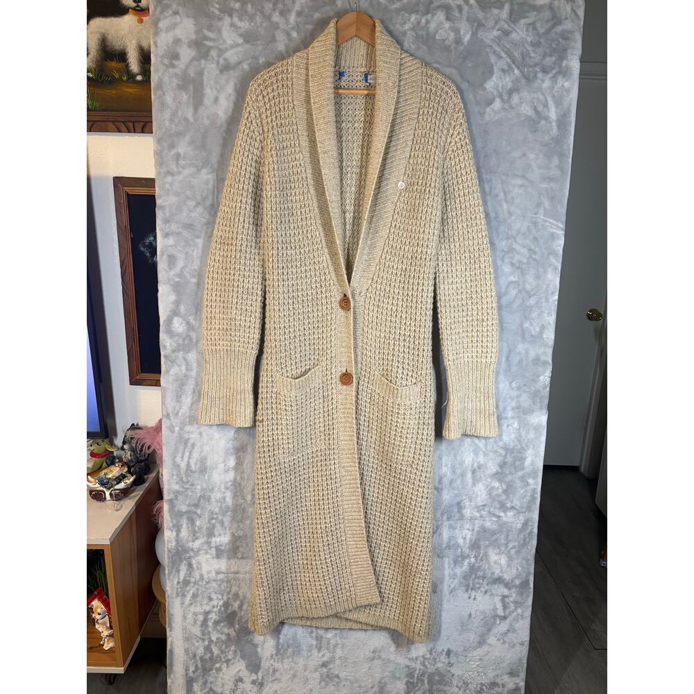 Vintage 70's Maxi Chunky Knit Mohair Wool Cardigan Beige 2 Button Casual Sweater - Picture 3 of 16